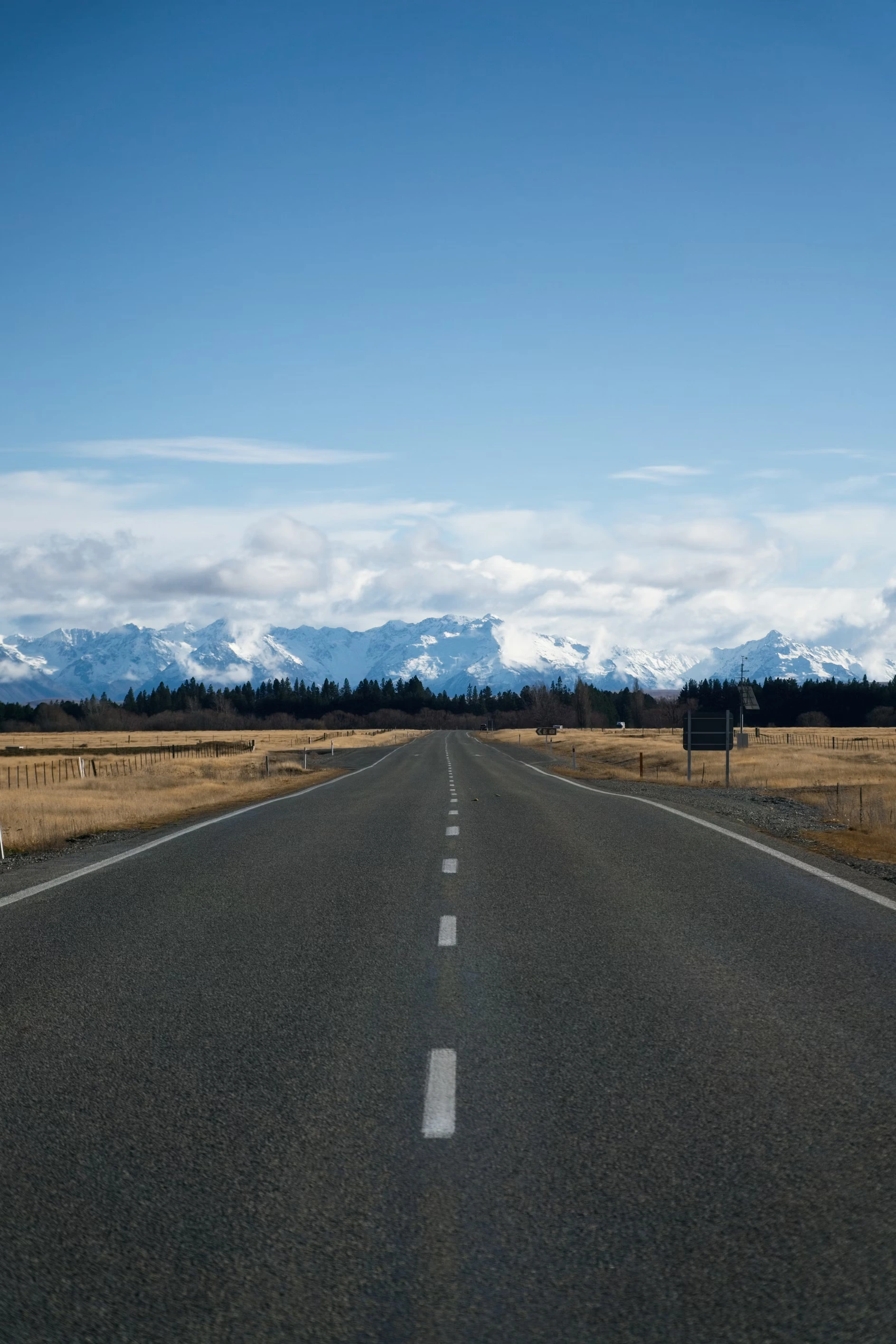 A long, straight, empty road with mountains and trees in the far distance